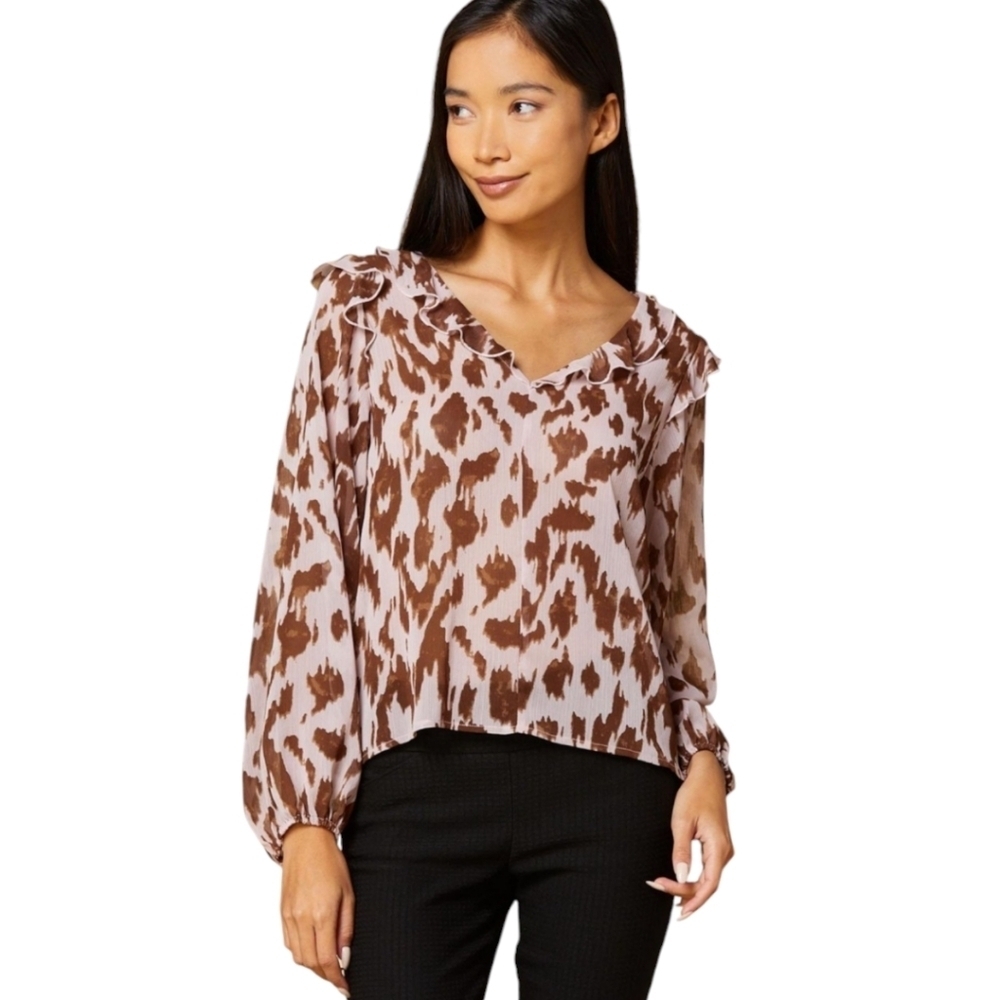 Mellowday Chiffon Sheer Animal Print Ruffle V-Neck‎ Top Size XL
